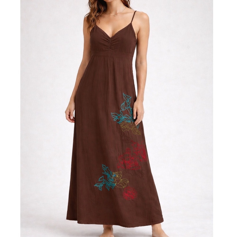 JW Los Angeles Johnny Was Brown Embroidered Floral Maxi Dress Boho Small w1‎